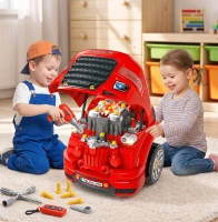 Qaba Mechanic Kids Truck Engine Toy Set, Car Service Play Set, Red(m-2)