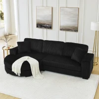 Elegant L-Shaped Modular Sleeper Sectional with Reversible Chaise, Tufted Corduroy Sofa with Arc Footstool, 110.5'' L x 57" W x 25.5" H, Black(m-4)