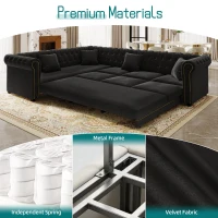 Elegant L-Shaped Sectional with Pull-Out Bed, Soft Velvet Sleeper Sofa with Tufting and Gold Trim, 115.5'' L x 87.5" W x 29" H, Black(m-4)
