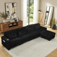 Versatile Corduroy Modular Sectional Sofa with Detachable Footrest, Modern L-Shaped Couch for Living Room, 124.5'' L x 31.5"W x 30" H, Black(m-4)