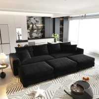 Cozy Corduroy Cloud 4-Seat Sofa with 3 Ottomans, Handy Convertible Lounge Chair for Apartment Office, 102.5'' L x 35.5"W x 25.5" H, Black(m-9)
