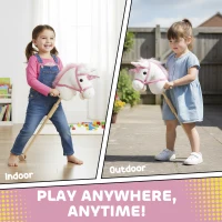 Qaba Stick Horse, Plush Handcrafted Hobby Horse with Wood Wheels, Real Pony Neighing and Galloping Sounds for Kids, White(m-6)