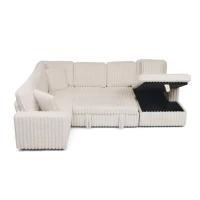 Cozy Striped Corduroy U-Shaped Sofa with Pull-Out Bed, Versatile Storage Chaise Couch for Living Room Bedroom, 114'' L x 90"W x 37" H, Beige(m-10)