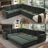 Chic L-Shaped Sectional with Pull-Out Bed and Nailhead Trim, Versatile Chenille Sleeper Sofa for Living Room, 118'' L x 86.5" W x 36.5" H, Green(m-10)