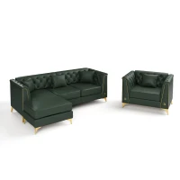 Elegant Chesterfield Sofa Set with Button Tufting, Chic Faux Leather Couch with 4 Pillows and Ottoman, 81.5'' L x 30.5" W x 30.5" H, Green(m-2)