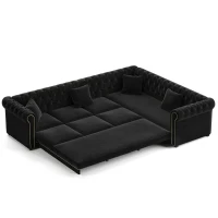 Elegant L-Shaped Sectional with Pull-Out Bed, Soft Velvet Sleeper Sofa with Tufting and Gold Trim, 115.5'' L x 87.5" W x 29" H, Black(m-11)