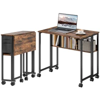 HOMCOM Folding Computer Desk, Foldable Desk with Storage Bag, Shelf and Wheels for Small Spaces, Home Office, Rustic Brown(m-2)