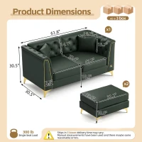 Elegant 2-Seater Chesterfield Sofa with Button Tufting, Faux Leather Couch with Metal Trim and 2 Pillows, 61.5'' L x 30.5" W x 30.5" H, Green(m-3)