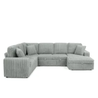 Modern Striped Corduroy U-Shaped Sofa with Pull-Out Bed, Versatile Storage Chaise Couch for Living Room Bedroom, 114'' L x 90"W x 37" H, Grey(m-11)