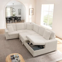 Cozy Striped Corduroy U-Shaped Sofa with Pull-Out Bed, Versatile Storage Chaise Couch for Living Room Bedroom, 114'' L x 90"W x 37" H, Beige(m-6)