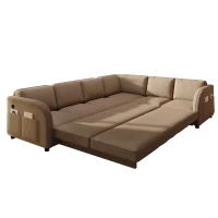 Modern L-Shaped Sectional with Pull-Out Bed, Chic Sleeper Couch with USB Port and Side Pocket, 115'' L x 83.5" W x 36.5" H, Brown(m-13)
