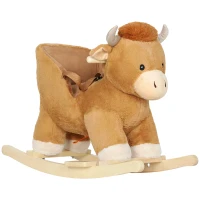 Qaba Baby Rocking Horse with Cute Cow Stuffed Plush, Music, Safety Belt, Wooden Rocking Horse for 1-3 Years, Brown(m-11)