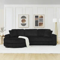 Elegant L-Shaped Modular Sleeper Sectional with Reversible Chaise, Tufted Corduroy Sofa with Arc Footstool, 110.5'' L x 57" W x 25.5" H, Black(m-1)