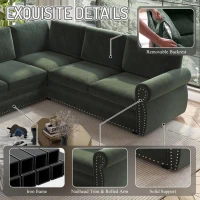 Chic L-Shaped Sectional with Pull-Out Bed and Nailhead Trim, Versatile Chenille Sleeper Sofa for Living Room, 118'' L x 86.5" W x 36.5" H, Green(m-8)