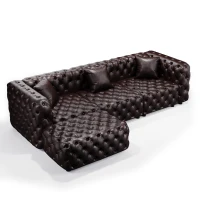 Modern Faux Leather Sectional Sofa Set with Button Tufting, Modular 3-Seater Couch for Living Room, 105.5'' L x 36.5"W x 29" H, Dark Brown(m-13)