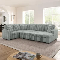 Modern Striped Corduroy U-Shaped Sofa with Pull-Out Bed, Versatile Storage Chaise Couch for Living Room Bedroom, 114'' L x 90"W x 37" H, Grey(m-4)