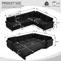Modern L-Shaped Sectional with Pull-Out Bed, Chic Sleeper Couch with Nailhead Trim and Rolled Arms, 118'' L x 86.5" W x 36.5" H, Black(m-3)