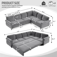 Elegant L-Shaped Sectional with Pull-Out Bed, Chic Chenille Sleeper Couch with Nailhead Trim, 118'' L x 86.5" W x 36.5" H, Light Grey(m-3)
