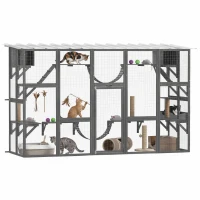 PawHut Catio Outdoor Cat Enclosure, 74"H Walk-in Catio with Waterproof Roof, 2 Condos, 6 Platforms, Ladders, Scratching Posts(m-13)