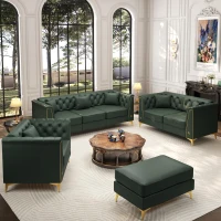 Elegant Modular Chesterfield Sofa Set with Button Tufting, Chic Faux Leather Couch with 6 Pillows, 81.5'' L x 30.5" W x 30.5" H, Green(m-1)