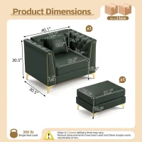 Elegant 2-Piece Chesterfield Sofa with Button Tufting and Metal Trim, Chic Faux Leather Ottoman with Pillow, 40'' L x 30.5" W x 30.5" H, Green(m-3)