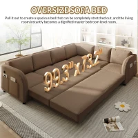 Modern L-Shaped Sectional with Pull-Out Bed, Chic Sleeper Couch with USB Port and Side Pocket, 115'' L x 83.5" W x 36.5" H, Brown(m-10)