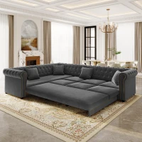 Elegant L-Shaped Sectional with Pull-Out Bed, Soft Velvet Sleeper Sofa with Tufting and Gold Trim, 115.5'' L x 87.5" W x 29" H, Dark Gray(m-11)