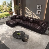 Sleek Faux Leather Sectional Sofa with Button Tufting, Inviting Modular 4-Seater Couch for Living Room, 134.5'' L x 36.5"W x 29" H, Dark Brown(m-1)