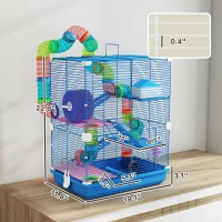 PawHut 5 Tiers Hamster Cage Portable Animal Travel Carrier w/ Exercise Wheels Tube, Blue(m-3)