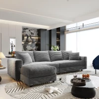 Soft Corduroy Cloud 4-Seat Sofa with Movable Ottoman, Practical Convertible Lounge Chair for Living Room, 102.5'' L x 35.5"W x 25.5" H, Grey(m-1)