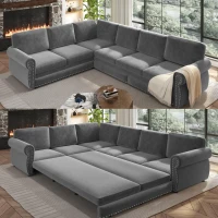 Elegant L-Shaped Sectional with Pull-Out Bed, Chic Chenille Sleeper Couch with Nailhead Trim, 118'' L x 86.5" W x 36.5" H, Light Grey(m-10)