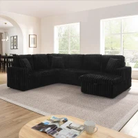 Modern U-Shaped Sectional with Pull-Out Bed and Storage Chaise, Corduroy Sofa with Adjustable Backrests, 114'' L x 90" W x 37" H, Black(m-4)