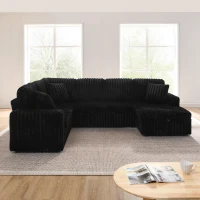 Modern U-Shaped Sectional with Pull-Out Bed and Storage Chaise, Corduroy Sofa with Adjustable Backrests, 114'' L x 90" W x 37" H, Black(m-6)