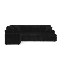 Modern U-Shaped Sectional with Pull-Out Bed and Storage Chaise, Corduroy Sofa with Adjustable Backrests, 114'' L x 90" W x 37" H, Black(m-11)