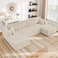 U-Shaped Modular Sectional with Plush Foam and Springs, Cozy Corduroy Sleeper Couch with No Assembly, 161'' L x 80.5" W x 24.5" H, Beige(m-1)