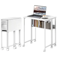 HOMCOM Folding Computer Desk, Foldable Desk with Storage Bag, Shelf and Wheels for Small Spaces, Home Office, White(m-2)