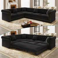 Elegant L-Shaped Sectional with Pull-Out Bed, Soft Velvet Sleeper Sofa with Tufting and Gold Trim, 115.5'' L x 87.5" W x 29" H, Black(m-9)