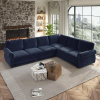 Chenille L-Shaped Sectional Sofa with Pull-Out Bed and Nailhead Trim, Convertible Sleeper Couch with Rolled Arms, 118'' L x 86.5" W x 36" H, Blue(m-1)