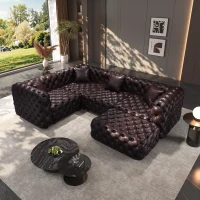 Striking Faux Leather L-Shaped Sofa with Button Tufting, Supportive Modular 4-Seater Couch for Living Room, 103.5'' L x 75"W x 29" H, Dark Brown(m-1)