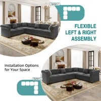 Elegant L-Shaped Sectional with Pull-Out Bed, Soft Velvet Sleeper Sofa with Tufting and Gold Trim, 115.5'' L x 87.5" W x 29" H, Dark Gray(m-4)