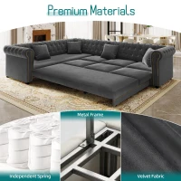 Elegant L-Shaped Sectional with Pull-Out Bed, Soft Velvet Sleeper Sofa with Tufting and Gold Trim, 115.5'' L x 87.5" W x 29" H, Dark Gray(m-5)