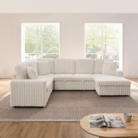 Cozy Striped Corduroy U-Shaped Sofa with Pull-Out Bed, Versatile Storage Chaise Couch for Living Room Bedroom, 114'' L x 90"W x 37" H, Beige(m-4)