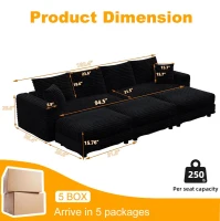 Cozy Corduroy Cloud 4-Seat Sofa with 3 Ottomans, Handy Convertible Lounge Chair for Apartment Office, 102.5'' L x 35.5"W x 25.5" H, Black(m-3)