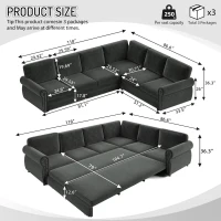 Modern L-Shaped Sectional with Pull-Out Bed, Chic Sleeper Couch with Nailhead Trim and Rolled Arms, 118'' L x 86.5" W x 36.5" H, Dark Grey(m-3)
