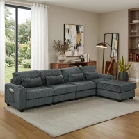 Smart Corduroy Modular Sectional Sofa with Detachable Footrest, Modern L-Shaped Couch for Living Room, 124.5'' L x 31.5"W x 30" H, Dark Gray(m-11)