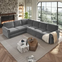 Elegant L-Shaped Sectional with Pull-Out Bed, Chic Chenille Sleeper Couch with Nailhead Trim, 118'' L x 86.5" W x 36.5" H, Light Grey(m-1)