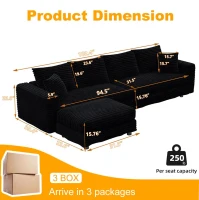 Lush Corduroy Cloud 4-Seat Sofa with Movable Ottoman, Adaptable Convertible Lounge Chair for Living Room, 102.5'' L x 59"W x 25.5" H, Black(m-3)