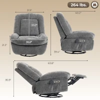 HOMCOM Oversized Power Recliner Chair with Massage and Heat, USB Port, Overstuffed Chenille Swivel Rocker Recliner, Gray(m-3)