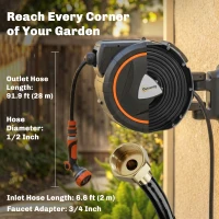 Outsunny Retractable Garden Hose Reel, 1/2" x 100ft Wall Mounted Hose Reel with 12-Pattern Nozzles, Auto Retraction Self-Locking(m-4)