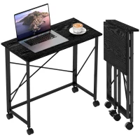 HOMCOM 31.5" Home Office Desk, Folding Desk with Wheels for Small Space, Easy Assembly for Home Office, Black Wood Effect(m-8)